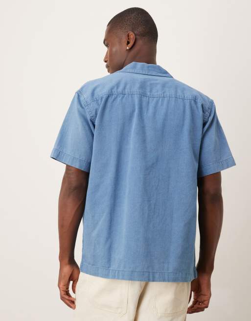 Selected 100% cotton denim revere collar shirt in mid blue wash , 3 of 4