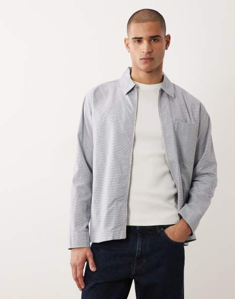 Selected 100% cotton double zip overshirt in blue micro check - view 1