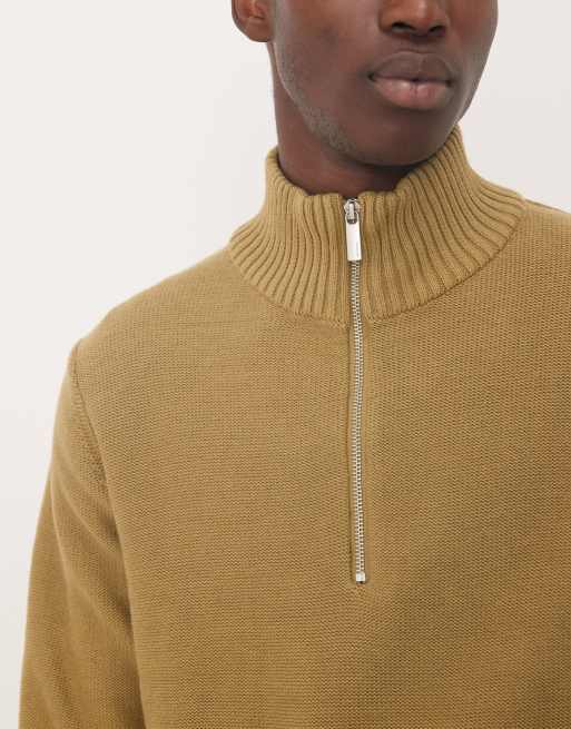 Selected 100% cotton half zip knit sweater in beige, 5 of 5