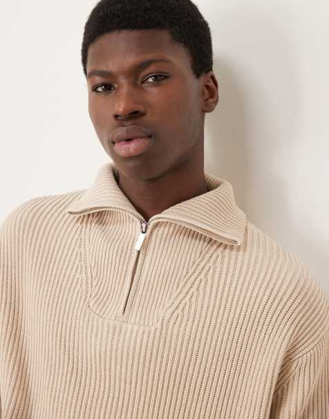 Selected 100% cotton half zip sweater in cream - view 1