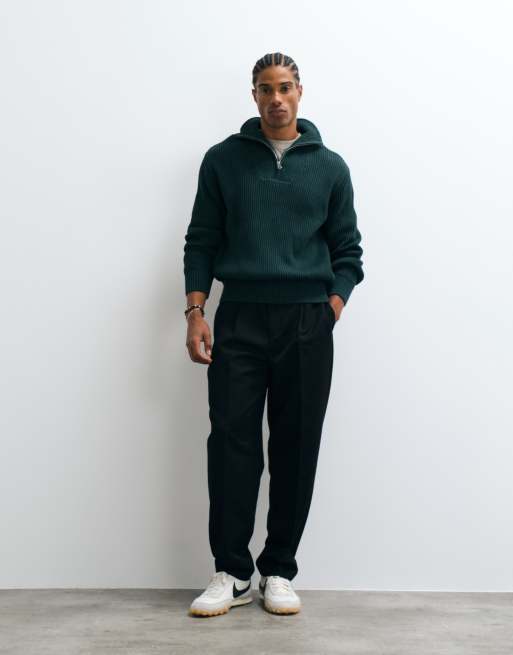 Selected 100% cotton high neck 1/4 zip knit sweater in dark green, 3 of 5