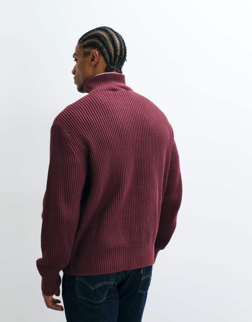 Selected 100% cotton high neck 1/4 zip knitted jumper in burgundy, 4 of 5