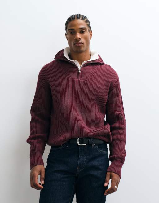 Selected 100% cotton high neck 1/4 zip knitted jumper in burgundy, 5 of 5