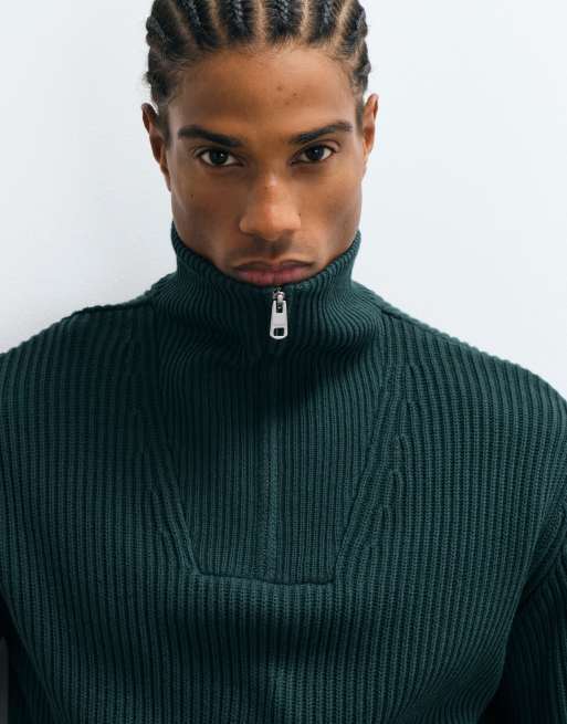 Selected 100% cotton high neck 1/4 zip knitted jumper in forest green, 2 of 5