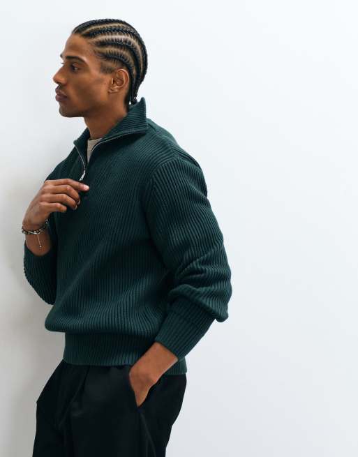 Selected 100% cotton high neck 1/4 zip knitted jumper in forest green, 4 of 5