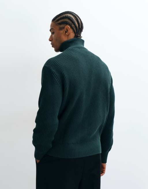 Selected 100% cotton high neck 1/4 zip knitted jumper in forest green, 5 of 5