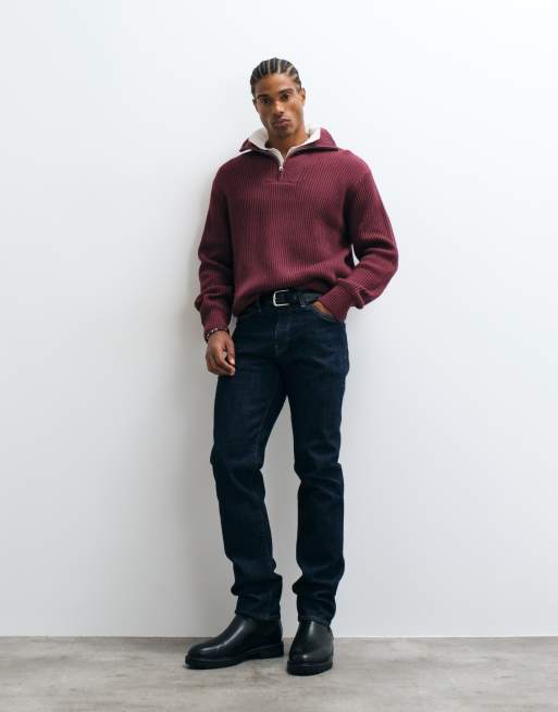 Selected 100% cotton high neck 1/4 zip knitted sweater in burgundy, 2 of 5