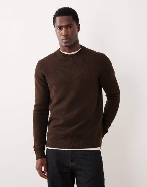 Selected 100% cotton knit crew neck sweater in brown - view 1