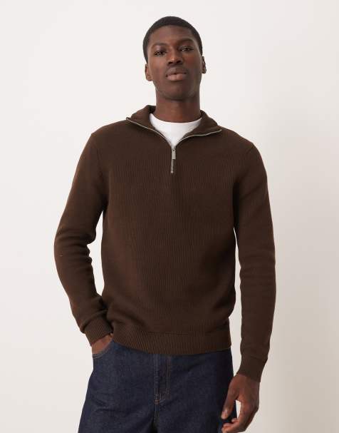 Selected 100% cotton knit half zip in brown - view 1
