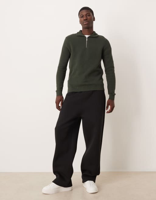Selected 100% cotton knit half zip in dark green | ASOS