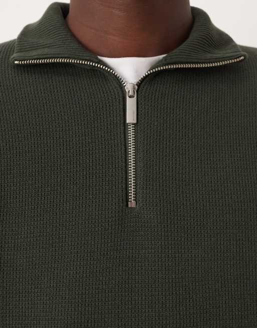 Selected 100% cotton knit half zip in dark green | ASOS