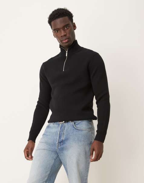 Selected 100% cotton knit half zip sweater in black - view 1