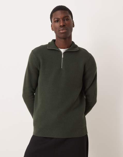 Selected 100% cotton knitted half zip in dark green - view 1