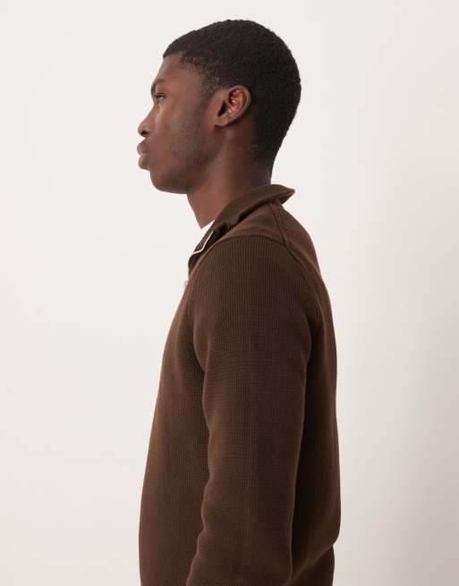 Selected 100% cotton knitted half-zip jumper in brown, 4 of 5