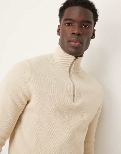Selected 100% cotton knitted half zip jumper in cream - view 1