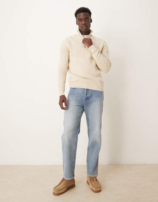Selected 100% cotton knitted half zip jumper in cream , 2 of 4