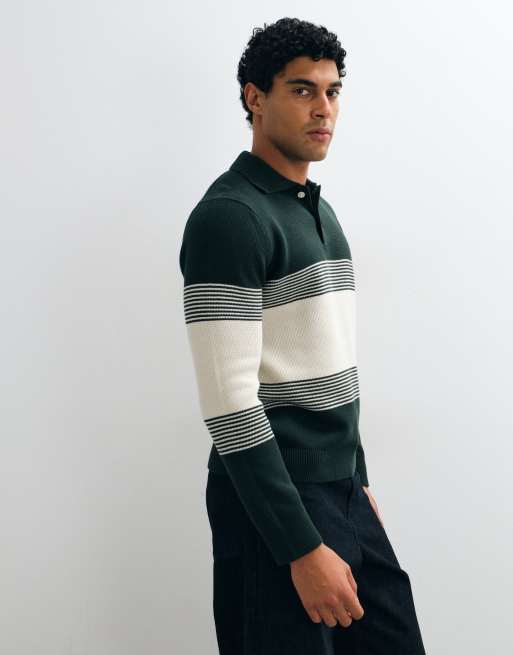 Selected 100% cotton knitted polo in green and cream, 2 of 5