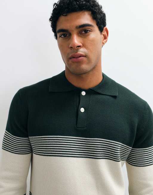 Selected 100% cotton knitted polo in green and cream, 3 of 5