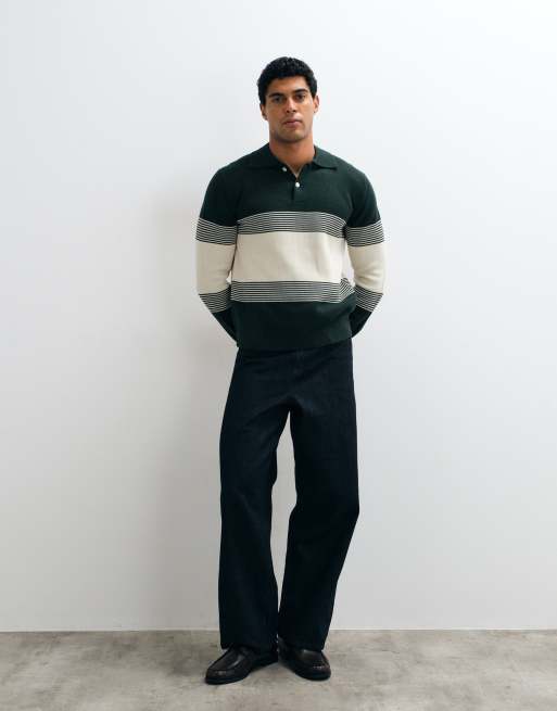 Selected 100% cotton knitted polo in green and cream, 4 of 5