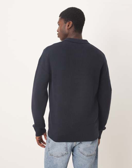 Selected 100% cotton knitted polo in navy, 3 of 5