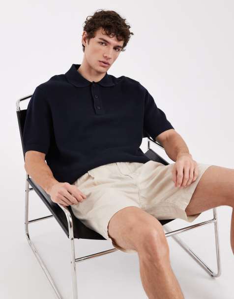 Selected 100% cotton knitted polo in navy - view 1