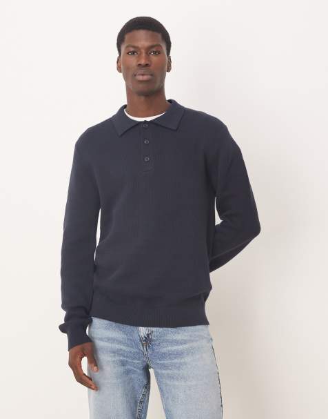 Selected 100% cotton knitted polo shirt in navy - view 1