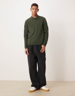 Selected 100% Cotton Long Sleeve Half Zip Polo In Green