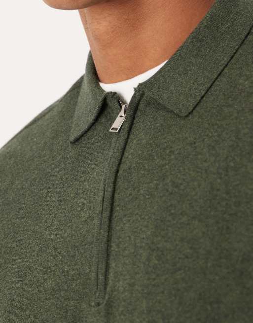 Selected 100% cotton long sleeve half zip polo in dark green, 5 of 5