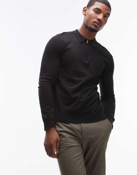 Selected 100% cotton long sleeve half zip polo shirt in black - view 1