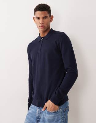 Selected 100% Cotton Long Sleeve Half Zip Polo Shirt In Blue