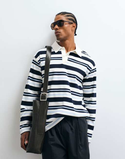 Selected 100% cotton long sleeve polo in blue and navy stripe, 2 of 5