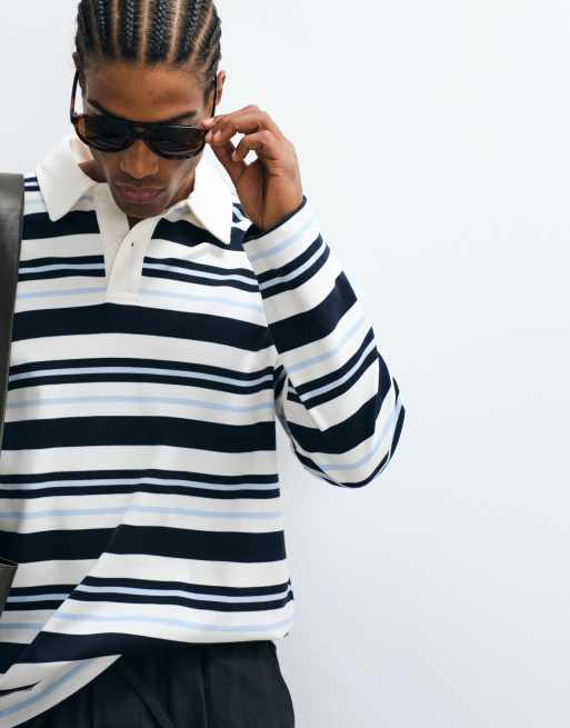 Selected 100% cotton long sleeve polo in blue and navy stripe, 5 of 5