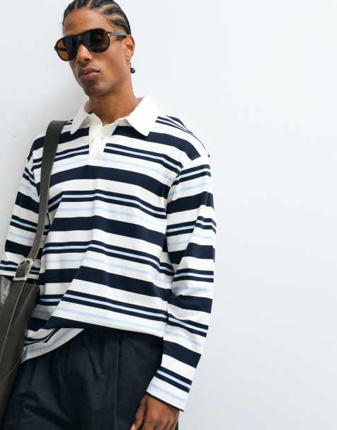 Selected 100% cotton long sleeve polo shirt in blue and navy stripes - view 1