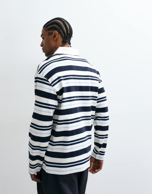 Selected 100% cotton long sleeve polo shirt in blue and navy stripes, 4 of 5