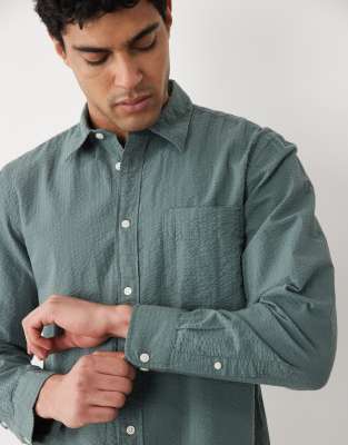 Selected 100% Cotton Long Sleeve Seersucker Shirt In Green
