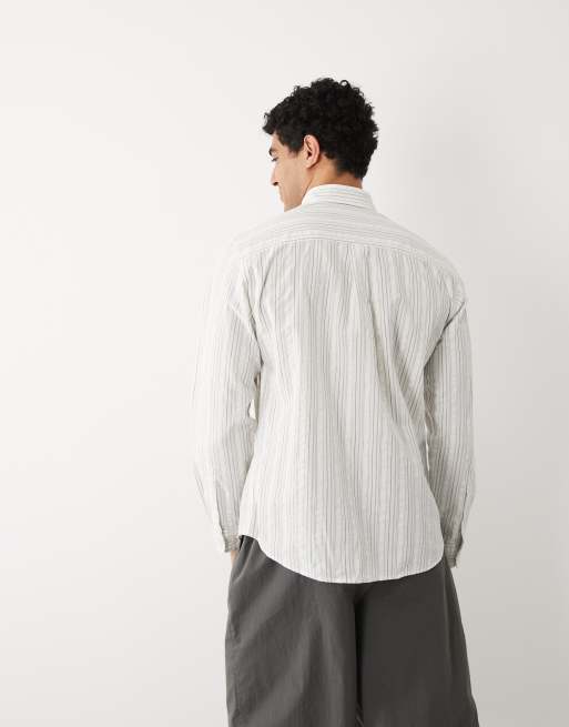 Selected 100% cotton long sleeve seersucker shirt in green stripes, 5 of 5