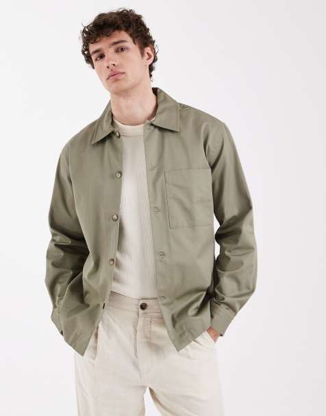 Selected 100% cotton overshirt in khaki green - view 1