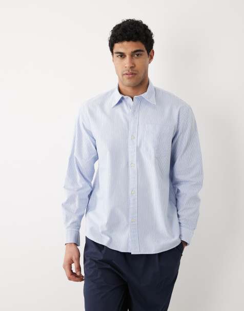 Selected 100% cotton Oxford long sleeve shirt in blue stripes - view 1