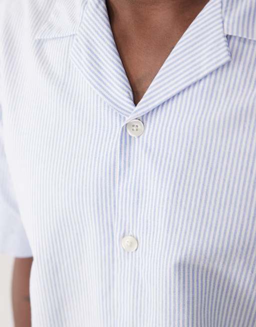Selected 100% cotton short sleeve shirt in light blue stripe, 3 of 5