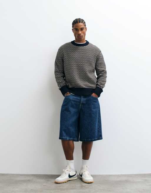 Selected 100% cotton structured knit sweater in navy, 3 of 5