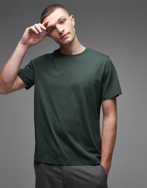 Selected 100% cotton t-shirt in dark green - view 1