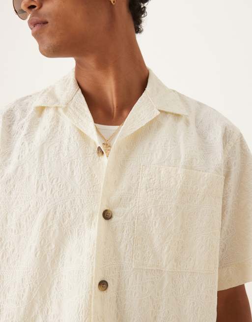 Selected 100% cotton textured pattern shirt in cream , 2 of 4