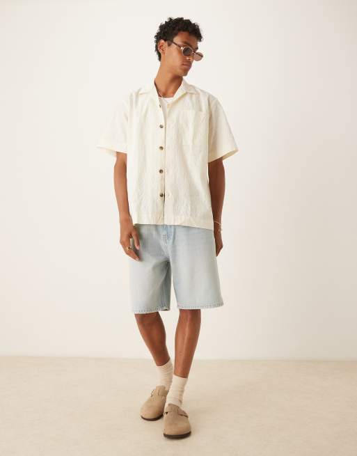 Selected 100% cotton textured pattern shirt in cream , 3 of 4