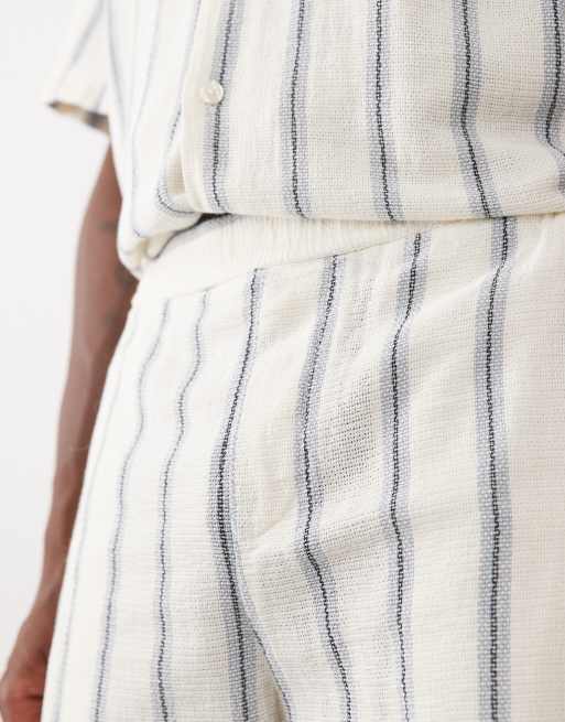 Selected 100% cotton textured short in blue stripe (part of a set), 5 of 5