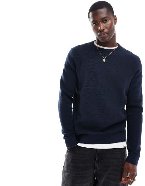 Selected 100% cotton waffle knit sweater in navy - view 1