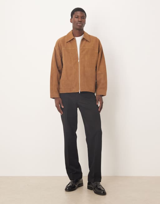 Selected 100% leather double zip suede jacket in light brown | ASOS
