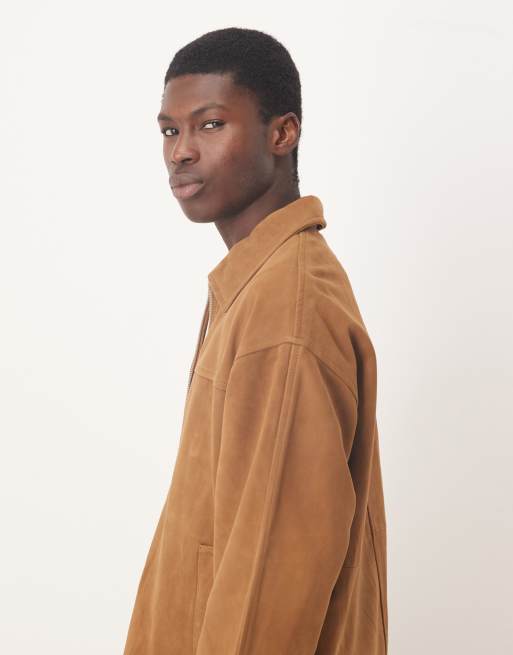 Selected 100% leather double zip suede jacket in light brown | ASOS
