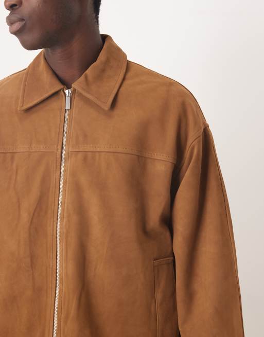 Selected 100% leather double zip suede jacket in light brown | ASOS