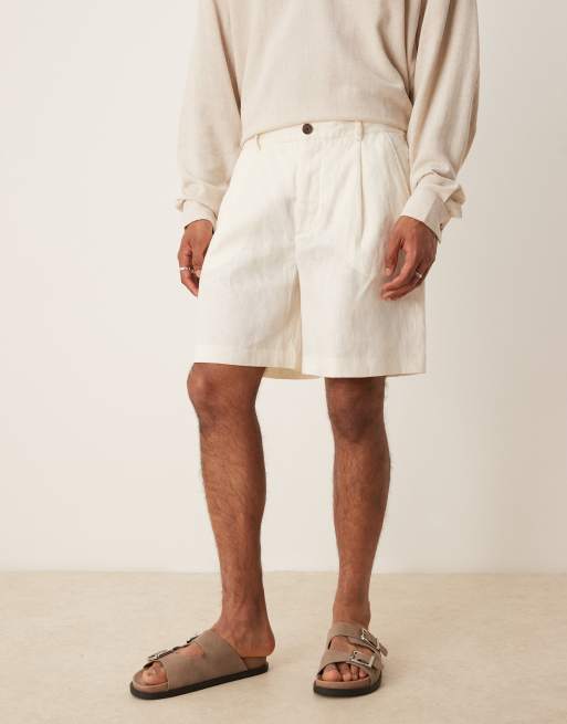Selected 100% linen shorts in white , 3 of 5