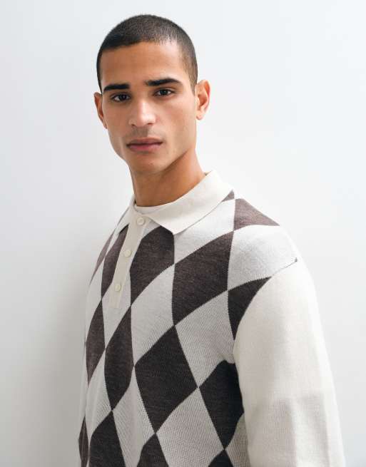 Selected 100% merino wool argyle polo in cream and brown, 2 of 9
